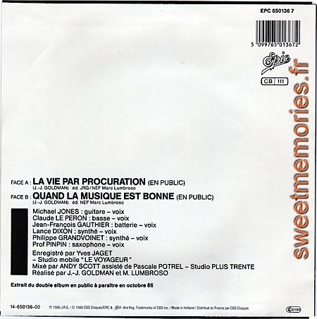 Jean-Jacques Goldman - 1986 - La vie par procuration - France - Verso Jean-Jacques Goldman - 1986 - La vie par procuration - France - Verso