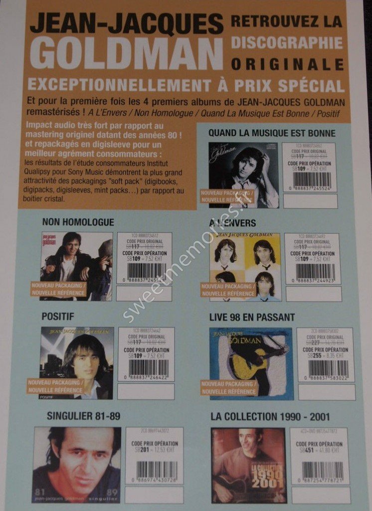 Jean-Jacques Goldman - Sony - Plan media - Reedition CD - 2013 Jean-Jacques Goldman - Sony - Plan media - Reedition CD - 2013